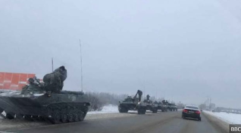 Column of Russian airborne troops on the highway near Ivanovo airfield 