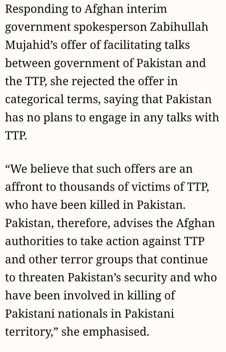 Pakistan Foreign Office spox categorically rejects Afghan Taliban's offer to mediate with TTP. The Foreign Office spox says that Pakistan has no desire to engage in any talks with the TTP