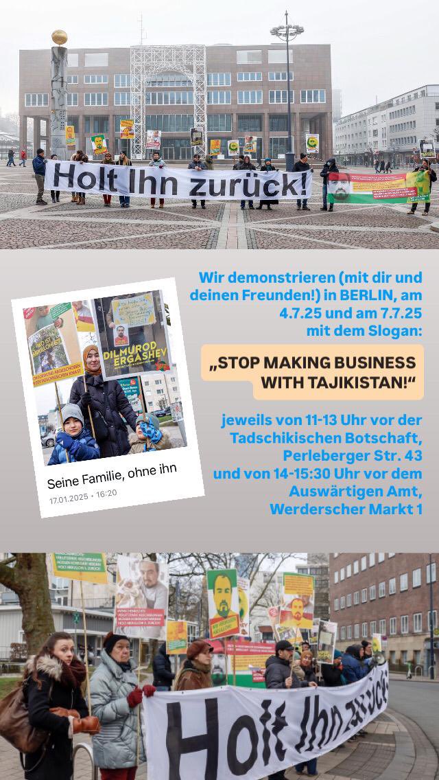 Une veillée est prévue devant l'ambassade du Tadjikistan et le ministère des Affaires étrangères à Berlin. Les Amis d'Abdullahi Shamsiddin sont de retour. Venez nombreux soutenir la manifestation contre les expulsions illégales menant directement à la persécution politique.