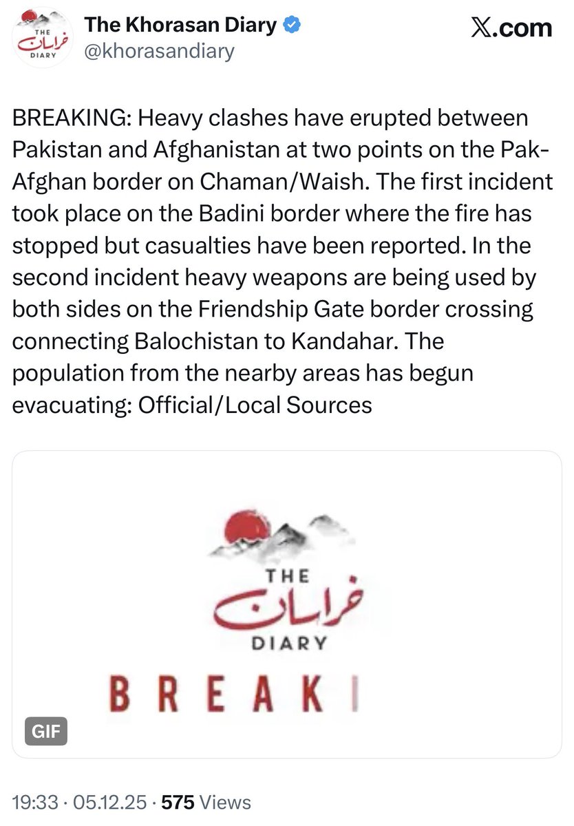 Se produjo un enfrentamiento entre guardias fronterizos pakistaníes y fuerzas talibanes a lo largo de la Línea Durand, en el distrito de Spin Boldak, Kandahar. Los talibanes acusan al lado pakistaní de provocar el incidente lanzando una granada de mano hacia el lado afgano de la Línea Durand.