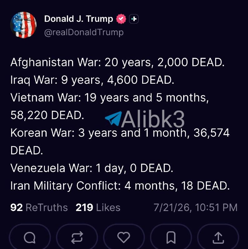 Trump: The Afghan War: 20 years, 2,000 dead. The Iraq War: 9 years, 4,600 dead. The Vietnam War: 19 years and 5 months, 58,220 dead. The Korean War: 3 years and 1 month, 36,574 dead. The Venezuelan War: 1 day, 0 dead. The Iranian military conflict: 4 months, 18 dead.